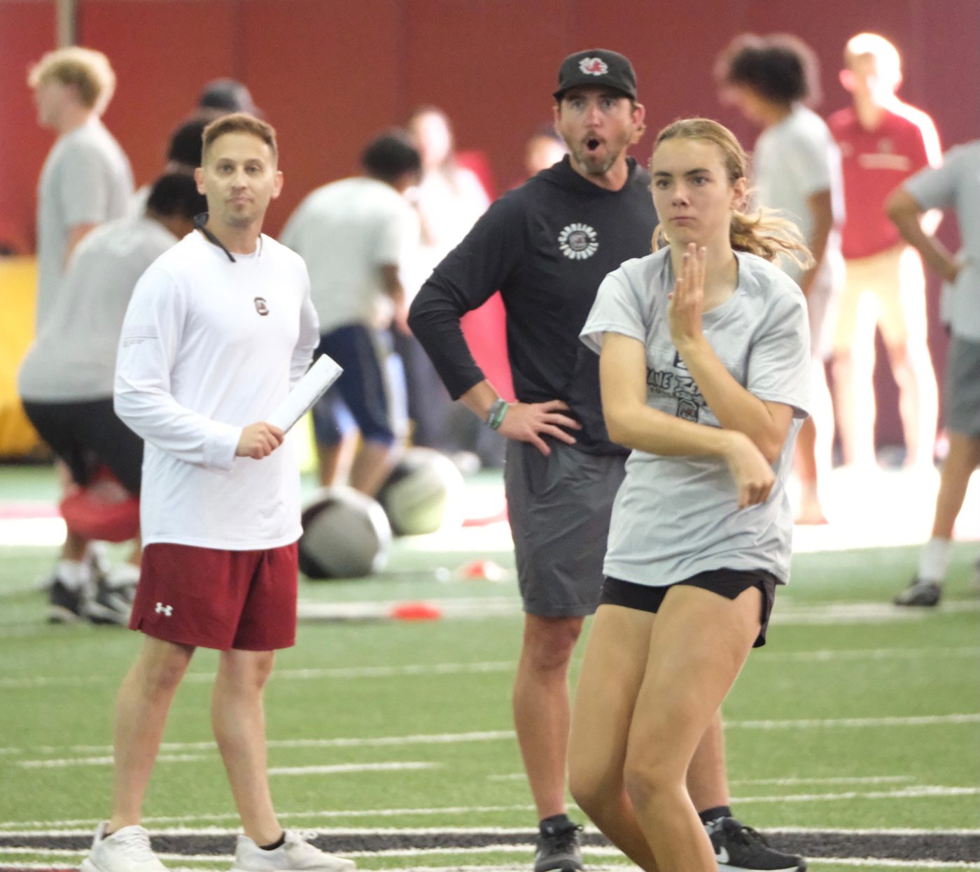 The first female athlete on the TOUR throwing as South Carolina coaches watch