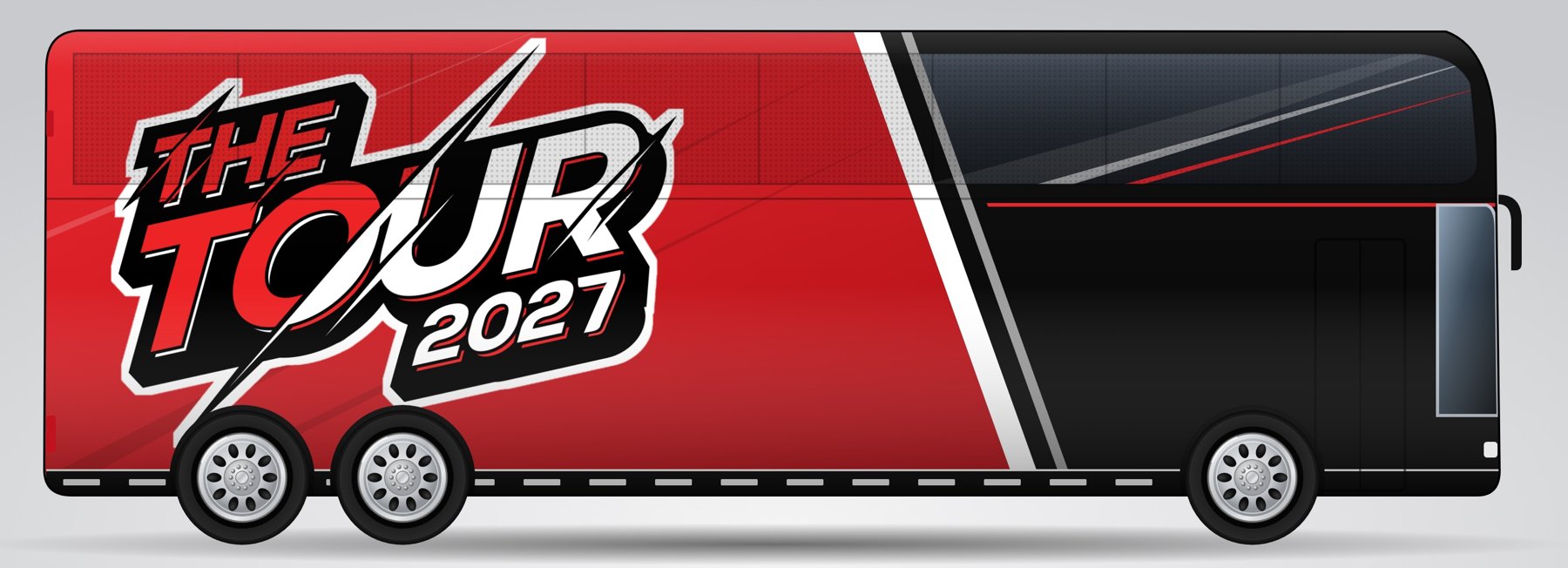 THE TOUR 2027 charter bus design in red and black